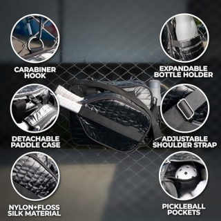 Pickleball Backpack W/Detachable Pickleball Paddle Cover, Water Bottle Holder, Adjustable Shoulder Straps, Soft handles, & 2 Hanging Carabiner Clips