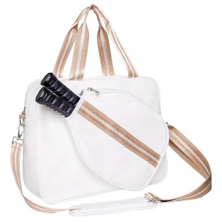White PU Crossbody Pickleball Bag Women Pickleball Tote Bag Pickleball Paddle Shoulder Bag with Water Bottle Holder, Pickleball Gift Idea