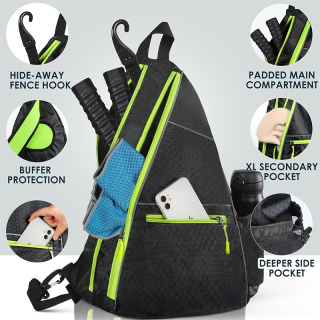Pickleball Bag Unisex Adjustable Sling Backpack with Fence Hook Multiple Compartments