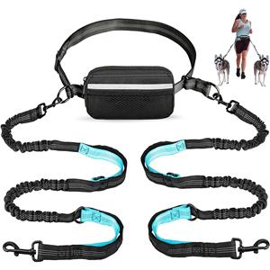 Dog Running Leash with Zipper Pouch, Dual Handle, Elastic Bungees Retractable Rope for Medium and Large Dogs, Waist Bag Pack Carry All Phones Money