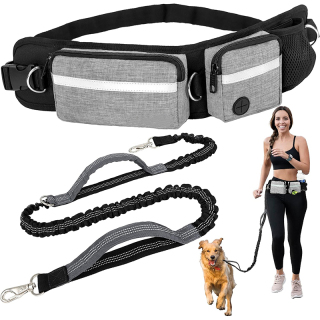 Dog Running Leash Belt Bag, Dog Waist Double Zipper Pouch with Poop Bag Dispenser, Dual Padded Handles Reflective Bungee Leash, Single