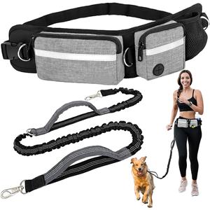 Dog Running Leash Belt Bag, Dog Waist Double Zipper Pouch with Poop Bag Dispenser, Dual Padded Handles Reflective Bungee Leash, Single