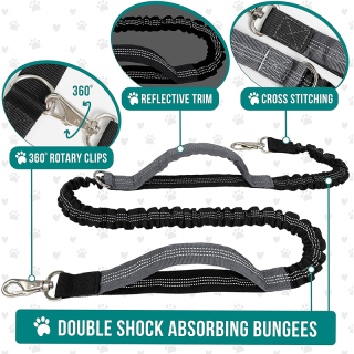 Dog Running Leash Belt Bag, Dog Waist Double Zipper Pouch with Poop Bag Dispenser, Dual Padded Handles Reflective Bungee Leash, Single
