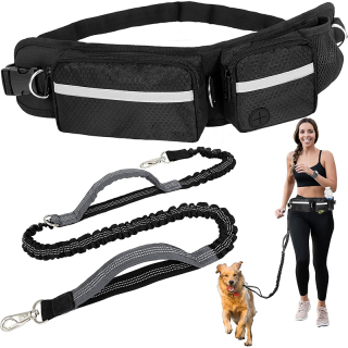 Dog Running Leash Belt Bag, Dog Waist Double Zipper Pouch with Poop Bag Dispenser, Dual Padded Handles Reflective Bungee Leash, Single