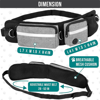 Dog Running Leash Belt Bag, Dog Waist Double Zipper Pouch with Poop Bag Dispenser, Dual Padded Handles Reflective Bungee Leash, Single