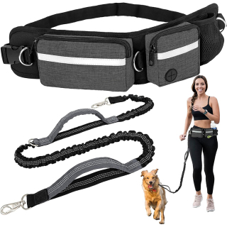 Dog Running Leash Belt Bag, Dog Waist Double Zipper Pouch with Poop Bag Dispenser, Dual Padded Handles Reflective Bungee Leash, Single