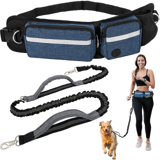 Dog Running Leash Belt Bag, Dog Waist Double Zipper Pouch with Poop Bag Dispenser, Dual Padded Handles Reflective Bungee Leash, Single
