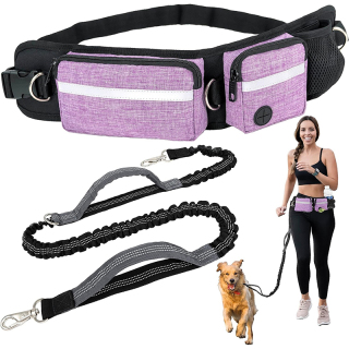 Dog Running Leash Belt Bag, Dog Waist Double Zipper Pouch with Poop Bag Dispenser, Dual Padded Handles Reflective Bungee Leash, Single