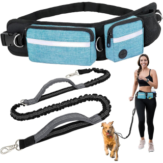 Dog Running Leash Belt Bag, Dog Waist Double Zipper Pouch with Poop Bag Dispenser, Dual Padded Handles Reflective Bungee Leash, Single