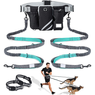 Retractable Hands Free Dog Leash with Dual Bungees for 2 Doge Stitchins, Adjustable Waist Belt, Reflectivg Leash Black - Gray
