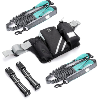 Retractable Hands Free Dog Leash with Dual Bungees for 2 Doge Stitchins, Adjustable Waist Belt, Reflectivg Leash Black - Gray