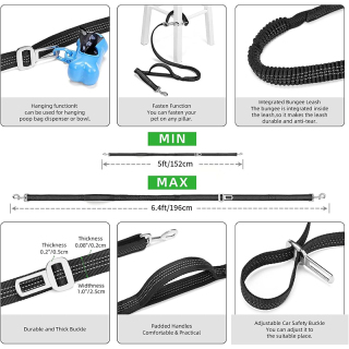 5.8FT Dog Running Leash,Adjustable Waist Belt for Walking Training Hiking Jogging Biking,Car Seat Belt Buckle,Reflective Stitches