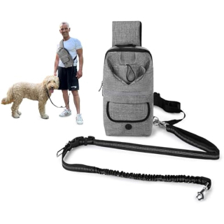 Multifunctional Crossbody Rope with Bag, Elastic Nylon Double Hands Free Leash with Pouch Reflective Shock Absorbing