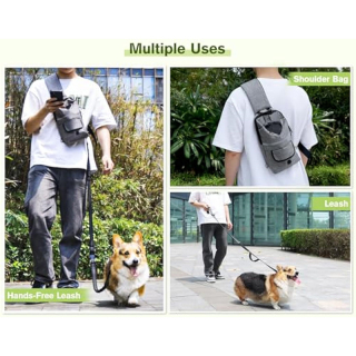 Multifunctional Crossbody Rope with Bag, Elastic Nylon Double Hands Free Leash with Pouch Reflective Shock Absorbing
