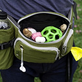 Dog Walk Waist Fanny Pack Treat Pouch with Collapsible Water Bowl and Water Bottle Holder- Large M/L Dogs (Olive Green)
