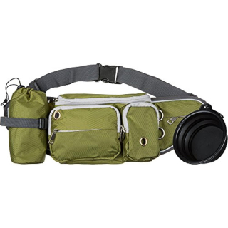 Dog Walk Waist Fanny Pack Treat Pouch with Collapsible Water Bowl and Water Bottle Holder- Large M/L Dogs (Olive Green)