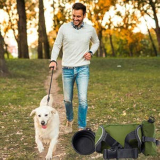 Dog Walk Waist Fanny Pack Treat Pouch with Collapsible Water Bowl and Water Bottle Holder- Large M/L Dogs (Olive Green)