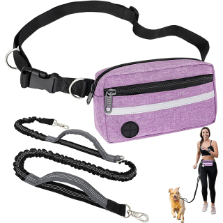 Dog Running Leash Belt for Walking Jogging, Dog Waist Zipper Pouch Fanny Pack with Poop Bag Dispenser, Dual Padded Handle Bungee