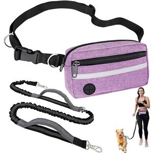 Dog Running Leash Belt for Walking Jogging, Dog Waist Zipper Pouch Fanny Pack with Poop Bag Dispenser, Dual Padded Handle Bungee