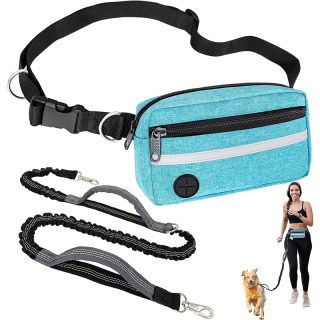 Dog Running Leash Belt for Walking Jogging, Dog Waist Zipper Pouch Fanny Pack with Poop Bag Dispenser, Dual Padded Handle Bungee