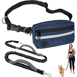 Dog Running Leash Belt for Walking Jogging, Dog Waist Zipper Pouch Fanny Pack with Poop Bag Dispenser, Dual Padded Handle Bungee