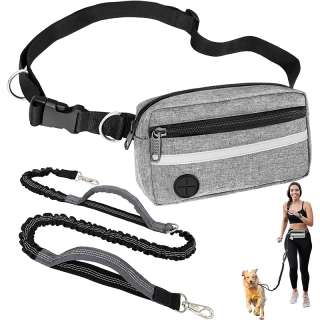 Dog Running Leash Belt for Walking Jogging, Dog Waist Zipper Pouch Fanny Pack with Poop Bag Dispenser, Dual Padded Handle Bungee
