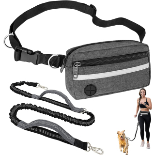 Dog Running Leash Belt for Walking Jogging, Dog Waist Zipper Pouch Fanny Pack with Poop Bag Dispenser, Dual Padded Handle Bungee