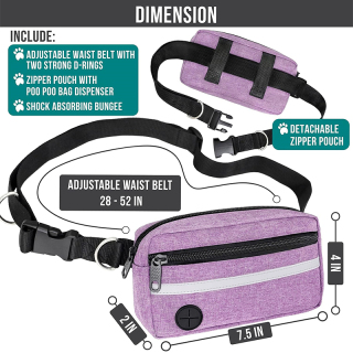 Dog Running Leash Belt for Walking Jogging, Dog Waist Zipper Pouch Fanny Pack with Poop Bag Dispenser, Dual Padded Handle Bungee
