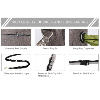 Dog Leash Waist Leash Bungee Retractable for Medium and Large Dogs, with Reflective Stitches for Walking, Jogging and Running