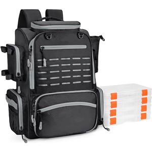 Fishing Tackle Backpack with Rod Holders-4 Tackle Boxes-Rain Cover,43L Large Storage for Fishing Gear