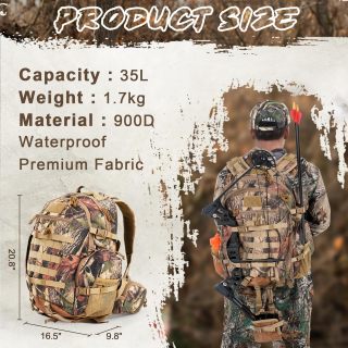 Hunting Backpack, 900D Camo Waterproof Hunting Pack for Men, 35L Large Molle Hunting Day Pack with Rifle Bow Gun Holder