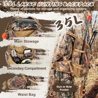 Hunting Backpack, 900D Camo Waterproof Hunting Pack for Men, 35L Large Molle Hunting Day Pack with Rifle Bow Gun Holder