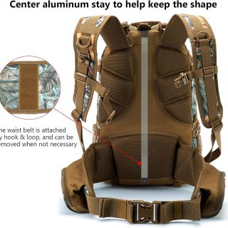 Hunting Backpack with Bow/Rifle Holder Removable Waist Belt Rain Cover Camo Hunting Pack 44L