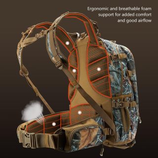 Hunting Backpack with Bow/Rifle Holder Removable Waist Belt Rain Cover Camo Hunting Pack 44L