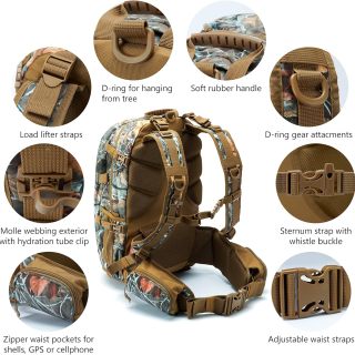 Hunting Backpack with Bow/Rifle Holder Removable Waist Belt Rain Cover Camo Hunting Pack 44L