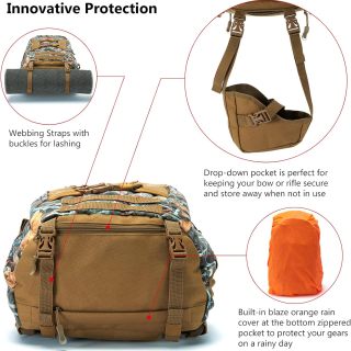 Hunting Backpack with Bow/Rifle Holder Removable Waist Belt Rain Cover Camo Hunting Pack 44L