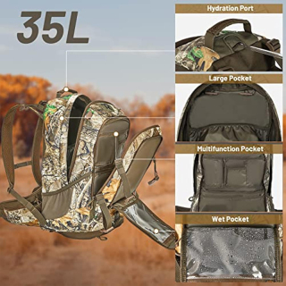 Hunting Backpack Internal Frame, Waterproof Hunting Pack with Rain Cover, 2200cu Realtree Edge Camo Hunting Daypack for Rifle Bow Gun