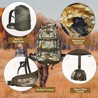 Hunting Backpack Internal Frame, Waterproof Hunting Pack with Rain Cover, 2200cu Realtree Edge Camo Hunting Daypack for Rifle Bow Gun