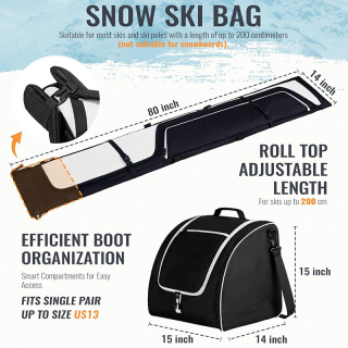 Ski Bag and Boot Bag Combo, Padded Skis Bag for Air Travel, Safety Reinforce Ski Carrier Bag Fits for Skis Up to 200 CM and Boots Up To Size US13
