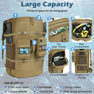 65L Large Travel Backpack for Scuba Diving and Snorkeling Gear & Equipment Holds Scuba Tanks, Diving Mask, Snorkel, Fins, and More, Bag Only (Black)