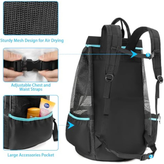 XL Mesh Dive Bag Backpack for Snorkeling Gear, Mask, Fins, Snorkel, with Shoe Compartment and Wet & Dry Separation, Black