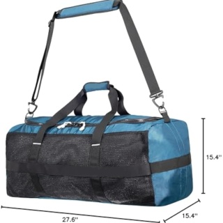 95L Mesh Dive Bag with Double Duffel Straps and Adjustable Shoulder Strap for Scuba Diving Gear, Denim Blue Color Fabric
