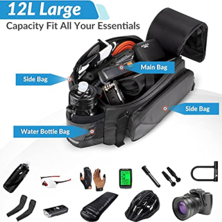 12L Waterproof Reflective Bicycle Trunk Bag, Cycling Rear Seat Carrier Backseat Storage Luggage with Water Bottle Holder, Shoulder Strap