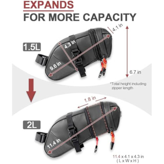 Water-resistant Bicycle Saddle Bag, Expandable Capacity Cycling Under Seat Pouch 1.5-2L, Bike Seat Pack for Mountain Road Bikes and Commuter