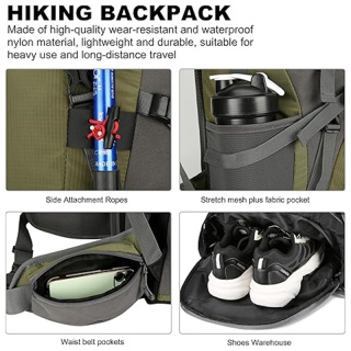 Lightweight Durable Large Camping Backpack with Rain Cover Outdoor Sport Backpacking Daypack with Shoe Compartment for Travel Climbing