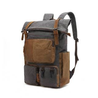 Canvas backpack for men, college student backpack, outdoor travel computer bag, waxed canvas with crazy horse leather, water-repellent