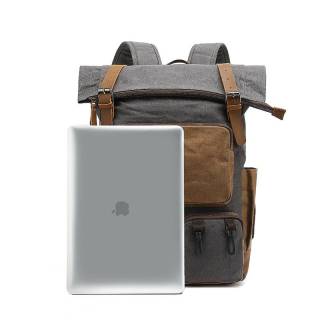 Canvas backpack for men, college student backpack, outdoor travel computer bag, waxed canvas with crazy horse leather, water-repellent