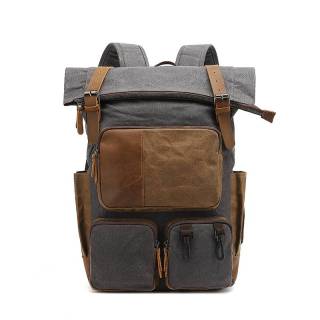 Canvas backpack for men, college student backpack, outdoor travel computer bag, waxed canvas with crazy horse leather, water-repellent