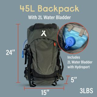45L Hiking Hydration Backpack, Day Pack With 2L Water Bladder, Lightweight and Perfect for Camping, Running, Cycling, Mountain Biking, Skiing,