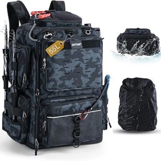 EVA Bottom Fishing Tackle Bag with Rod Holder, Waterproof 600D Fishing Backpack with 8 Lure Pockets & Rain Cover
